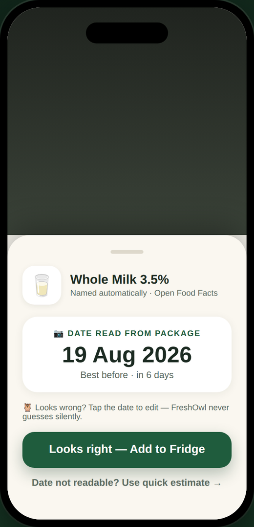 FreshOwl showing the date it read from a pack, ready to confirm or edit
