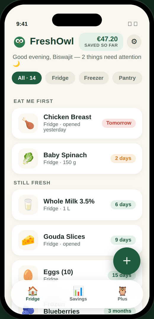 FreshOwl home screen showing groceries sorted by how soon they expire