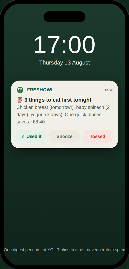 A single daily FreshOwl notification with inline actions